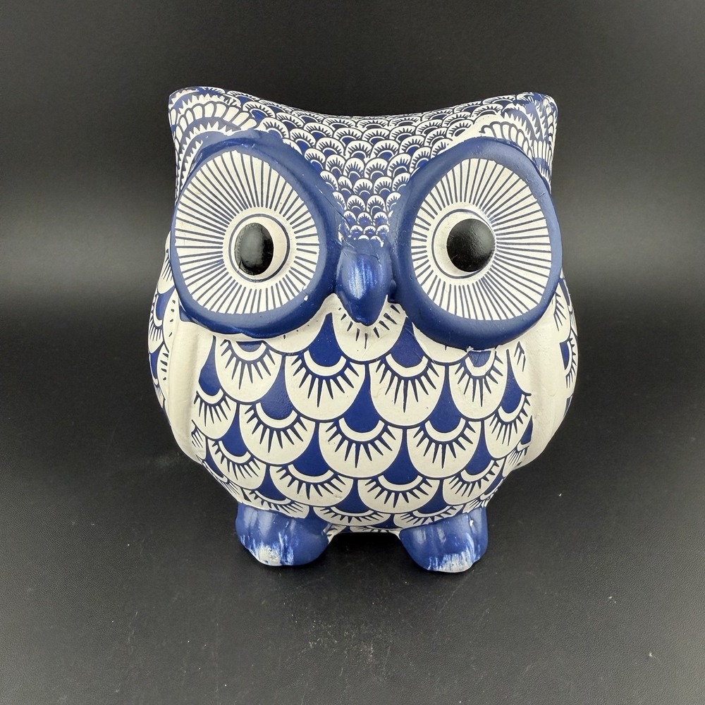 Ceramic Chinoiserie Owl Figurine 4" Blue White Tabletop Bird Decor